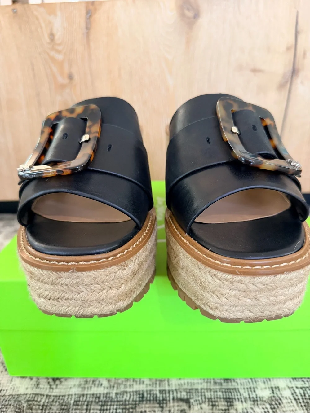 Sam Edelman, Livi Black Leather platform slides with large tortoise shell buckle